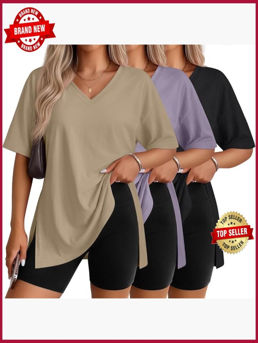 3 Pack Oversized Half Sleeve V Neck Loose Fit Baggy Tunic Tee Tops Workout